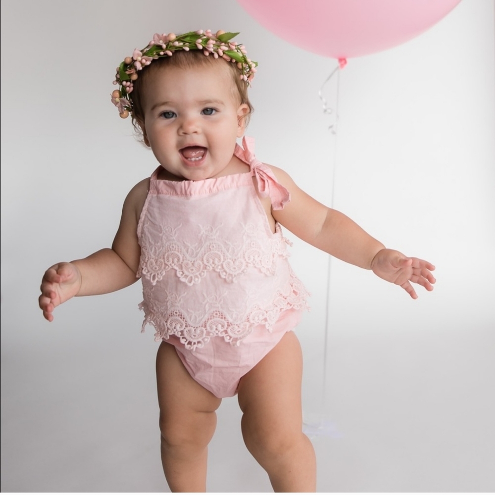 Beautiful blush onesie with lace. 12 month. One year photoshoot